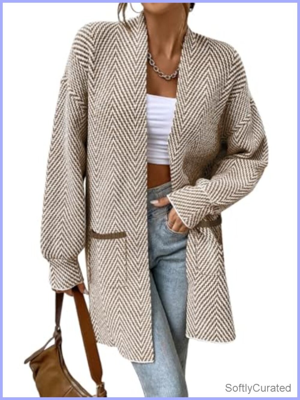 Open Front Chevron Cardigan Sweater 100% Acrylic Long Sleeve Pockets